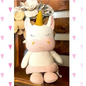 Kenzie unicorn. Baby knit plush toy with rattle.